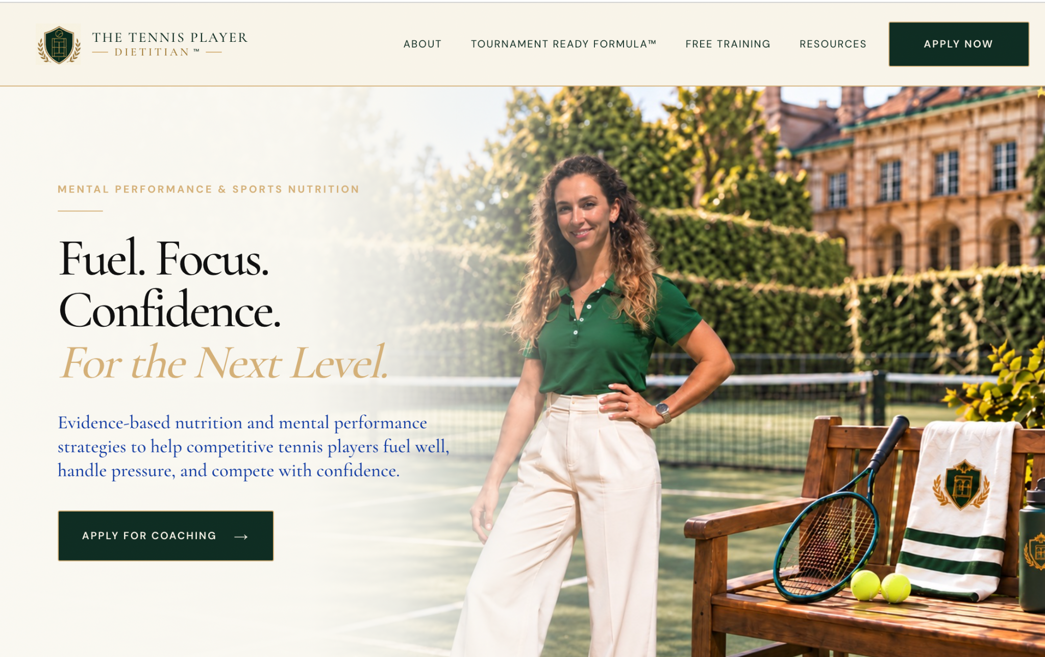 The Tennis Player Dietitian — green tennis shield with gold laurels