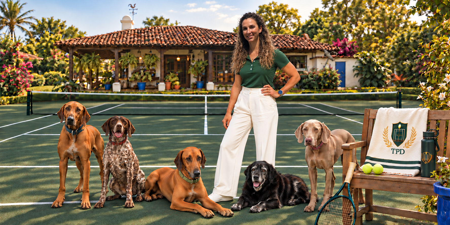 Erika and her five dogs on the tennis court in front of her home