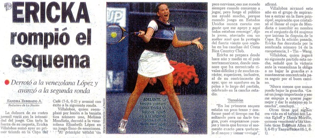 Spanish newspaper clipping titled ERICKA rompió el esquema, featuring Erika’s junior tennis career